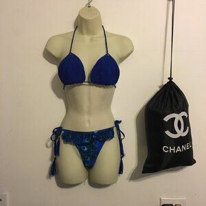 BLUE W/ PEACOCK TYPE PRINT 2 PIECE BIKINI